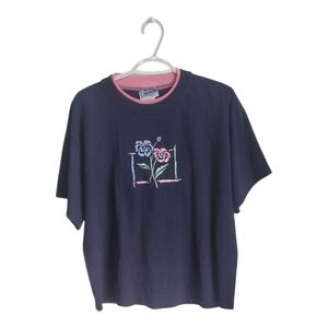 Vintage Navy Blue Graphic T-Shirt with Floral Design Endless Desgin Large Flower